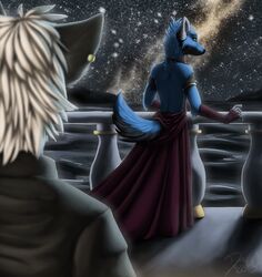 2013 ambiguous_gender anthro armwear balcony biped black_ears blue_body blue_fur blue_hair blue_tail canid canine canis clothed clothing detailed_background dress duo fur grey_clothing grey_shirt grey_topwear hair limizuki_(character) mammal night outside raphial raphial_(character) rear_view red_armwear red_clothing runicnature sea shadow shirt sky space spacescape tail topwear water white_hair wolf