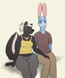 age_difference anthro aodhan black_body black_fur blue_body blue_fur blush bottomwear bra bra_straps breasts clothed clothing duo female fur hand_on_leg hand_on_thigh lagomorph leanne_summers leporid male male/female mammal mature_anthro mature_female mephitid multicolored_body multicolored_fur older_female pants purple_eyes rabbit red_bra red_clothing red_underwear ritts shirt sitting skunk t-shirt tank_top topwear two_tone_body two_tone_fur underwear white_body white_fur yellow_clothing yellow_shirt yellow_tank_top yellow_topwear younger_male