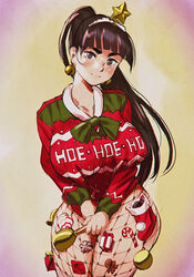  bell black_hair blush breasts candy candy_cane christmas christmas_sweater clothes_tug clothes_writing condom condom_wrapper curvy ebino_mei female fishnet_pantyhose fishnets food hair_ornament hairband hatsukoi_zombie highres holding holding_bell jingle_bell_earrings keigi large_breasts long_hair looking_at_viewer no_pants pantyhose ponytail purple_eyes red_sweater solo star_(symbol) star_hair_ornament sweater sweater_tug thick_eyebrows v_arms when_you_see_it white_hairband 