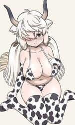  acesrulez animal_ears animal_print bikini black_horns blush breasts brown_eyes brown_ribbon cow_print cow_print_bikini cow_print_gloves cow_print_thighhighs cow_tail elbow_gloves extra_ears female gloves grey_horns hair_over_one_eye highres horns huge_breasts kemono_friends kemono_friends_3 long_hair looking_at_viewer multicolored_horns ox_ears ox_girl ox_horns print_bikini print_gloves print_thighhighs ribbon smile solo swimsuit tail thighhighs twintails very_long_hair white_hair yak_(kemono_friends) 