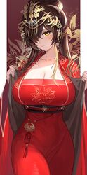  absurdres azur_lane black_hair blush breasts camisole chinese_clothes chinese_wedding dress female hair_ornament hair_over_one_eye harbin_(azur_lane) harbin_(red_paeonia)_(azur_lane) highres holding kaki_z3 large_breasts long_hair mole mole_under_eye official_alternate_costume official_alternate_hairstyle red_camisole red_dress solo standing very_long_hair yellow_eyes 