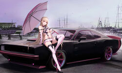  absurdres alternate_costume black_panties blonde_hair breasts car checkered_clothes commission dodge_(company) dodge_challenger dodge_challenger_(1st_generation) elbow_gloves female fingerless_gloves gloves goddess_of_victory:_nikke harbor high_heels highres holding holding_umbrella horns kcar66t leaning_against_vehicle leaning_back long_hair looking_at_viewer miniskirt motor_vehicle muscle_car nail_polish navel open_mouth outdoors panties pink_eyes pink_horns pink_nails pleated_skirt race_queen revealing_clothes sideboob skirt sleeveless sleeveless_turtleneck solo thighhighs turtleneck umbrella underboob underwear very_long_hair viper_(nikke) yacht 