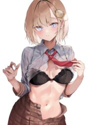  absurdres black_bra blonde_hair blue_eyes blush bra bra_visible_through_clothes breasts brown_skirt cleavage closed_mouth collared_shirt embarrassed female hair_intakes hands_up highres holding_necktie hololive hololive_english long_sleeves looking_down medium_breasts monocle navel necktie open_clothes open_shirt parted_bangs pepq plaid plaid_skirt red_necktie see-through see-through_shirt shirt short_hair simple_background skirt solo stomach underwear virtual_youtuber watson_amelia watson_amelia_(1st_costume) white_background white_shirt 