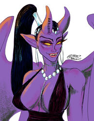  2_horns absurd_res big_breasts black_hair breasts choker cleavage clothed clothing demon demon_humanoid dollightful_(copyright) ear_piercing ear_ring eyelashes fangs female glowing glowing_eyes hair headgear hi_res hoop_ear_ring horn humanoid humanoid_pointy_ears jewelry lips necklace not_furry piercing pink_lips ponytail pupils purple_body purple_skin ring_piercing send-nudibranchs skimpy slit_pupils smile solo succubus tattoo teeth topwear wings zura_(dollightful) 