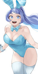  :d absurdres alternate_costume animal_ears blue_bow blue_bowtie blue_eyes blue_hair blue_leotard boku_no_hero_academia bow bowtie breasts bright_pupils cleavage commentary_request detached_collar fake_animal_ears fake_tail female fengling_(furin-jp) hadou_nejire highleg highleg_leotard highres large_breasts leotard long_hair looking_at_viewer open_mouth playboy_bunny ponytail rabbit_ears rabbit_tail smile solo strapless strapless_leotard tail thighhighs white_pupils white_thighhighs wrist_cuffs 