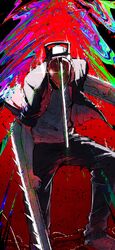  1boy absurdres black_pants blood blood_on_weapon blood_spray chainsaw chainsaw_man commentary_request denji_(chainsaw_man) erupusai2 glowing glowing_eye handle highres intestines jacket male_focus multicolored_background open_clothes open_jacket pants red_background shirt shoes simple_background sleeves_rolled_up solo stylized_blood torn_clothes weapon 