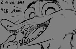  2023 4_fingers anthro braces conditional_dnp disney duke_weaselton emanata english_text fingers gesture hand_gesture hi_res inktober_2023 male mammal monochrome mustelid musteline open_mouth pointing pointing_at_mouth pointing_at_self simple_background smile solo tangerine_(artist) teeth text tongue true_musteline weasel zootopia 