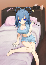  barefoot bed bedroom blue_bra blue_eyes blue_shirt blue_sky blurry blurry_background bra breasts chisel closed_mouth commentary condom condom_wrapper crop_top drill_hair drill_sidelocks female hair_ornament hair_rings hair_stick hekkmushi highres indoors kaku_seiga large_breasts looking_at_viewer miniskirt pillow shirt sidelocks skirt sky smile smoking_pipe solo tissue_box touhou underwear 