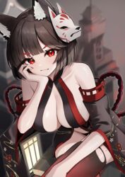  absurdres animal_ear_fluff animal_ears azur_lane bare_shoulders black_hair breasts cat_ears cat_mask center_opening cleavage commentary_request crossed_legs detached_sleeves female gradient_legwear hand_on_own_cheek hand_on_own_face highres japanese_clothes kimono large_breasts looking_at_viewer mask mask_on_head pale_skin red_eyes red_thighhighs short_hair sitting solo thighhighs torn_clothes torn_thighhighs wide_sleeves yamaha_tsui yamashiro_(azur_lane) yamashiro_(meta)_(azur_lane) 