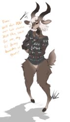  absurd_res anthro black_sclera bottomless bottomless_anthro bottomless_male bovid brown_body brown_fur caprine christmas christmas_clothing christmas_sweater christmas_topwear clothed clothing curved_horn dialogue dullvivid english_text fur goat grumpy hair half-closed_eyes hi_res holidays hooves horn male mammal narrowed_eyes nel_(dullvivid) simple_background solo sweater text topwear white_background white_hair 