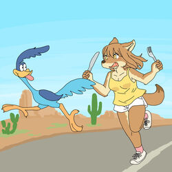  1:1 anthro avian bird canid canine canis clothing coyote cuculiform cutlery duo ekaki510 female feral footwear fork greater_roadrunner kitchen_utensils knife looney_tunes male mammal new_world_ground_cuckoo road_runner_(looney_tunes) roadrunner running shoes tongue tongue_out tools warner_brothers 