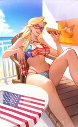  absurdres american_flag american_flag_bikini american_flag_print bare_arms bare_legs bare_shoulders beach beach_chair bikini blonde_hair blue_eyes blue_sky breasts can chair cleavage cleavage_cutout clothing_cutout cloud cloudy_sky collarbone commentary day drink_can eye_mask eyelashes female flag flag_print food garfield garfield_(character) grin hair_intakes highres holding holding_can holding_food hot_dog impossible_clothes impossible_swimsuit kamen_america kamen_america_(comic) knee_up large_breasts light_particles limart long_hair looking_at_viewer lounge_chair midriff navel ocean outdoors print_bikini print_towel reclining sky smile soda_can solo star_(symbol) star_cutout star_print summer swimsuit symbol-only_commentary table towel 