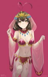  amy_(suisei_no_gargantia) amy_(suisei_no_gargantia)_(cosplay) arknights bare_shoulders blush breasts brown_eyes brown_hair cosplay dancer female gold_trim highres jewelry looking_at_viewer magallan_(arknights) multicolored_hair navel noraesei revealing_clothes short_hair streaked_hair suisei_no_gargantia 