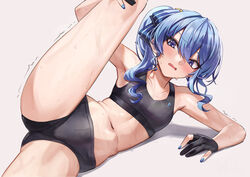  black_shorts black_sports_bra blue_eyes blue_hair blue_nails breasts female gloves hair_ribbon high_side_ponytail highres hololive hoshimachi_suisei lying navel on_side open_mouth partially_fingerless_gloves ribbon short_shorts shorts small_breasts sports_bra star_(symbol) star_in_eye stomach stretching struggling sweat symbol_in_eye thighs virtual_youtuber workout_clothes wszkii 