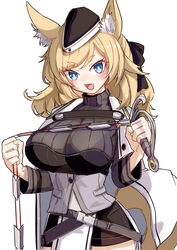  animal_ear_fluff animal_ears arknights black_bow black_hat black_shirt black_shorts blonde_hair blue_eyes blush bow breasts bright_pupils cowboy_shot female garrison_cap hairbow hat highres holding horse_ears horse_girl horse_tail large_breasts lolitamomoya long_hair medium_hair oerba_yun_fang open_mouth shirt shorts simple_background solo tail v-shaped_eyebrows weapon whip_sword whislash_(arknights) white_background white_pupils 