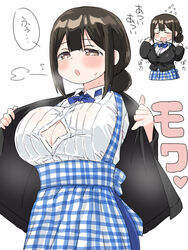  apron black_hair black_jacket blue_apron blue_bow blue_bowtie bow bowtie breasts brown_eyes bursting_breasts button_gap checkered_apron checkered_clothes cleavage commentary_request female flying_sweatdrops gingham_apron hair_bun highres hot jacket kobeya kobeya_uniform large_breasts naitou_kouse original partially_unbuttoned plaid plaid_apron plaid_skirt single_hair_bun skirt solo steaming_body sweat translation_request undressing 