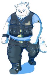  2023 anthro band-aid bandage belly black_nose bottomwear bulge canid canine canis clothing domestic_dog fur hi_res humanoid_hands kemono lifewonders live_a_hero male mammal overweight overweight_male pants simple_background solo white_body white_fur xzk yohack 