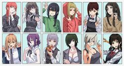  6+girls absurdres apron black_apron black_choker black_hair black_jacket black_necktie black_pants black_tank_top blonde_hair blue_background blush bra braid braided_ponytail breasts business_suit chainsaw_man choker cigarette claw_pose closed_mouth collared_shirt commentary cross-shaped_pupils cross_scar demon_girl demon_horns double_v dress earrings eating english_commentary eyepatch fami_(chainsaw_man) food formal fourth_east_high_school_uniform green_eyes grey_hair hair_between_eyes hair_bun hair_ornament hair_over_shoulder hairclip hand_in_own_hair hand_on_own_cheek hand_on_own_face higashiyama_kobeni highres himeno_(chainsaw_man) holding holding_cigarette holding_food holding_pizza hood hoodie horns jacket jewelry large_breasts long_hair long_sleeves looking_at_viewer makima_(chainsaw_man) medium_breasts medium_hair mifune_fumiko mole mole_on_cheek mole_under_eye mole_under_mouth multicolored_hair multiple_girls multiple_moles nayuta_(chainsaw_man) neck_ribbon necktie open_mouth pants pinafore_dress pink_eyes pizza ponytail power_(chainsaw_man) quanxi_(chainsaw_man) red_eyes red_hair red_hoodie red_horns red_ribbon reze_(chainsaw_man) ribbon ringed_eyes roots_(hair) santa_claus_(chainsaw_man) sawatari_akane_(chainsaw_man) scar scar_on_cheek scar_on_face scar_on_nose school_uniform shiren_(ourboy83) shirt short_hair sidelocks simple_background single_hair_bun single_sidelock sleeveless sleeveless_dress sleeveless_shirt slit_pupils smile smoking suit sweater symbol-shaped_pupils tank_top tassel tassel_earrings twintails underwear v white_background white_shirt yellow_eyes yoru_(chainsaw_man) 