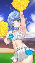  ;d ambriel_(tvtyle) arm_up armpits blue_archive blue_hair blue_sky blush breasts cheerleader closed_mouth cloud cloudy_sky commentary commission commissioner_upload english_commentary female grass grey_eyes grin highres holding holding_pom_poms looking_at_viewer medium_breasts millennium_cheerleader_outfit_(blue_archive) mole mole_under_eye navel one_eye_closed open_mouth original outdoors pom_pom_(cheerleading) short_hair sky smell smile solo stomach sweat t3x teeth 