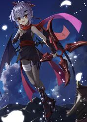  :d akisome_hatsuka alternate_costume arm_guards bat_wings black_dress blue_hair cloud cloudy_sky dress female fishnet_pantyhose fishnets full_moon fuuma_shuriken holding holding_weapon japanese_clothes kunai moon night night_sky ninja open_mouth pantyhose pointy_ears ponytail red_eyes red_scarf remilia_scarlet sandals scarf sheath sheathed short_hair short_sword shuriken sky smile solo standing sword tantou touhou vampire weapon weapon_on_back wings zouri 