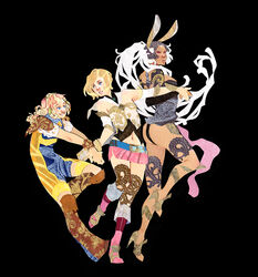  3girls animal_ears armor ashelia_b&#039;nargin_dalmasca bare_shoulders belt belt_buckle black_background black_collar black_footwear black_leotard blonde_hair blue_belt blue_eyes blue_leotard bodysuit boots breastplate brown_bracelet brown_footwear buckle character_request check_character collar commentary commission curly_hair dark-skinned_female dark_skin detached_collar english_commentary final_fantasy final_fantasy_xii flower fran_(ff12) frown full_body gold_headwear gold_trim grey_headwear hair_flower hair_ornament helmet high_heels holding_hands knee_boots lace_trim leg_up leotard long_hair looking_at_another midriff miniskirt multiple_girls navel open_mouth parted_lips pauldrons penelo pink_footwear pink_skirt rabbit_ears red_eyes red_flower short_hair shoulder_armor simple_background skirt sleeveless sleeveless_bodysuit smile teeth very_long_hair white_armor white_hair yellow_bodysuit yutaan 