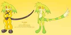  ambiguous_species anthro clothed clothing colorful_theme conditional_dnp english_text flinch_(labbit) fur green_body green_fur hi_res labbit_(artist) lethal_company male mammal model_sheet red_eyes simple_background solo sparklefur suit tan_body tan_fur text yellow_background yellow_sclera 