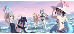  6+girls absurdres ahoge animal_ear_fluff animal_ears ayane_(blue_archive) ayane_(swimsuit)_(blue_archive) bare_arms bare_legs bare_shoulders barefoot bikini black_bikini black_hair black_one-piece_swimsuit blue_archive blue_eyes blue_halo blush breasts cat_ears closed_eyes collarbone competition_swimsuit cross_hair_ornament dual_persona extra_ears flat_chest frilled_bikini frills glasses green_eyes green_halo grey_hair hair_bobbles hair_ornament halo hat highres holding holding_water_gun hoshino_(blue_archive) hoshino_(swimsuit)_(blue_archive) innertube large_breasts light_brown_hair long_hair low_twintails medium_breasts medium_hair multiple_girls nonomi_(blue_archive) nonomi_(swimsuit)_(blue_archive) ocean official_alternate_costume one-piece_swimsuit one_eye_closed open_mouth orange_bikini outdoors pink_hair pink_halo pointy_ears ponytail red-framed_eyewear red_halo serika_(blue_archive) serika_(swimsuit)_(blue_archive) shiroko_(blue_archive) shiroko_(swimsuit)_(blue_archive) shiroko_terror_(blue_archive) short_hair side-tie_bikini_bottom smile striped_bikini striped_clothes swim_ring swimsuit twintails water water_gun white_bikini white_headwear wolf_ears yellow_eyes yuyu_guantou_(marky) 