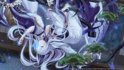  azur_lane black_footwear blue_butterfly boots breasts bug butterfly duplicate english_commentary female flower hair_over_one_eye haneru highres japanese_clothes kimono large_breasts long_hair long_sleeves official_art pixel-perfect_duplicate platform_boots platform_footwear purple_eyes purple_hair second-party_source solo unzen_(azur_lane) upside-down very_long_hair white_flower white_hair white_kimono wide_sleeves 