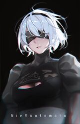  2b_(nier:automata) absurdres black_background black_blindfold black_dress black_hairband blindfold blurry breasts cleavage cleavage_cutout clothing_cutout collarbone copyright_name covered_eyes depth_of_field dress female hairband highres juliet_sleeves light_particles limart long_sleeves medium_breasts nier nier:automata nier_(series) parted_lips puffy_sleeves short_hair simple_background solo swept_bangs white_hair 