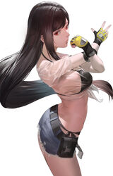  ass belt bikini bikini_under_clothes bikini_under_shorts black_hair blazpu breasts crop_top cutoffs english_commentary female final_fantasy final_fantasy_vii final_fantasy_vii_ever_crisis fingerless_gloves floating_hair from_side gloves highres large_breasts long_hair parted_lips pouch red_eyes see-through see-through_shirt shirt short_shorts shorts solo stretching swimsuit tifa_lockhart tifa_lockhart_(lifeguard) very_long_hair w white_background 