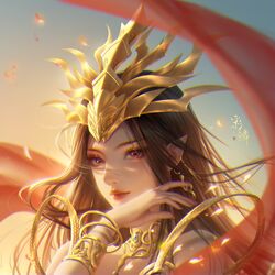  arm_up artist_request bare_shoulders bracelet brown_hair cai_lin_(doupo_cangqiong) closed_mouth dawn doupo_cangqiong earrings fabric female highres jewelry long_hair loose_hair_strand pointy_ears red_eyes second-party_source smile solo upper_body 