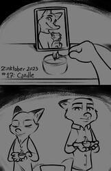  2023 2_panel_comic anthro baby candle canid canine closed_eyes clothing conditional_dnp digital_drawing_(artwork) digital_media_(artwork) dipstick_ears disney dress dress_shirt duo ear_markings english_text female fire fox furniture hi_res holding_baby holding_candle holding_object inktober_2023 john_wilde male mammal match monochrome mrs._wilde multicolored_ears nick_wilde photo picture_frame red_fox shirt table tangerine_(artist) text topwear true_fox young zootopia 