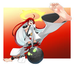  ahoge ankh_necklace ball_and_chain_restraint barefoot belt border breasts center_opening chains eiji_(eiji) feet female flexible foreshortening gloves guilty_gear guilty_gear_strive hair_between_eyes halo highres jack-o&#039;_valentine large_breasts long_hair multicolored_hair open_mouth red_background red_hair simple_background solo spiked_halo two-tone_hair white_background white_hair 