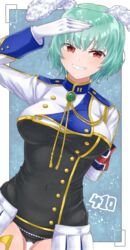  absurdres amulet animal_ears annzuwann breasts chiester410 covered_navel evil_smile female green_hair highres large_breasts military_uniform oerba_yun_fang rabbit_ears red_eyes salute short_hair showgirl_skirt skirt smile umineko_no_naku_koro_ni uniform 