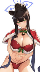  animal_ears bad_anatomy bell bikini black_hair blue_archive blue_halo blush breasts capelet christmas cleavage closed_mouth female fur-trimmed_capelet fur_trim green_eyes halo highres jamgom large_breasts long_hair navel red_capelet santa_bikini shun_(blue_archive) simple_background smile solo swimsuit white_background 