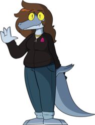  2018 4_fingers alligator alligatorid alpha_channel anthro barefoot biped black_clothing black_eyebrows black_eyes black_jacket black_topwear blue_body blue_bottomwear blue_clothing blue_countershading blue_jeans blue_pants blue_scales blue_tail bottomwear breasts brown_hair chokovit_(artist) clothed clothed_anthro clothed_female clothing colored countershade_face countershade_feet countershade_hands countershade_neck countershade_scales countershade_tail countershading crocodilian denim denim_bottomwear denim_clothing digital_drawing_(artwork) digital_media_(artwork) eyebrow_through_hair eyebrows eyelashes feet female female_anthro fingers front_view full-length_portrait gesture hair hi_res jacket jeans krista_(stratica) long_hair non-mammal_breasts pants portrait reptile scales scalie simple_background snaggle_tooth snout solo standing tail teeth toes topwear translucent translucent_hair transparent_background waving waving_at_viewer yellow_sclera 