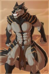  abs anthro biceps biped black_body black_claws black_fur black_nose black_tail bottomwear canid canine canis claws clenched_teeth clothing eyebrows fangs feralise fist fur fur_tuft hi_res loincloth male mammal markings muscular muscular_anthro muscular_legs muscular_male muscular_thighs navel nipples orange_eyes orange_markings outside pecs signature solo standing tail teeth tuft two_tone_tail white_body white_fur white_tail wolf 