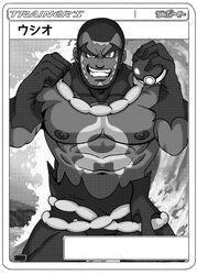  1boy abs bara bare_pectorals beard bodysuit card_(medium) clenched_hand cowboy_shot dark-skinned_male dark_skin facial_hair fake_trading_card forked_eyebrows full_beard greyscale grin hands_up highres holding holding_poke_ball huge_eyebrows large_pectorals looking_at_viewer male_focus matt_(pokemon) monochrome muscular muscular_male navel nipples pectorals poke_ball pokemon pokemon_card pokemon_oras pokemon_tcg receding_hairline short_hair smile solo stomach strongman_waist thick_eyebrows torn_bodysuit torn_clothes trading_card translation_request tsutibuta uneven_eyes 