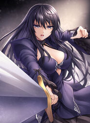  artoria_pendragon_(fate) ayra_(fire_emblem) black_hair breasts cleavage cosplay crossover dress fate/grand_order fate_(series) female fire_emblem fire_emblem:_genealogy_of_the_holy_war floating_hair hair_between_eyes holding holding_sword holding_weapon large_breasts long_hair long_sleeves looking_at_viewer open_mouth purple_dress purple_eyes saber_alter saber_alter_(cosplay) shrug_(clothing) solo standing sword ten_(tenchan_man) v-shaped_eyebrows very_long_hair weapon wide_sleeves 