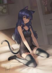  animal_ear_fluff animal_ears bedroom black_collar black_hair black_negligee black_thighhighs blue_hair bryanth cat_ears cat_girl cat_tail collar collarbone female full_body gradient_hair highres indoors long_hair looking_at_viewer multicolored_hair original sitting solo tail thighhighs very_long_hair wariza yellow_eyes 