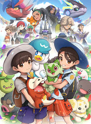  3boys 5girls absurdres arven_(pokemon) bag blue_headwear blush brown_hair castle closed_eyes commentary cowboy_shot dark-skinned_female dark_skin feet_out_of_frame fidough florian_(pokemon) fuecoco geeta_(pokemon) gonzarez grey_headwear grey_shirt hat highres holding juliana_(pokemon) koraidon lechonk looking_at_viewer miraidon multiple_boys multiple_girls naranja_academy_(emblem) naranja_academy_school_uniform nemona_(pokemon) nose_bubble open_mouth paldean_wooper pawmi penny_(pokemon) pokemon pokemon_(creature) pokemon_sv quaxly sada_(pokemon) school_bag school_uniform shirt short_hair shorts sleeping sleeping_upright smile smoliv sprigatito starter_pokemon_trio teeth tongue turo_(pokemon) upper_body uva_academy_school_uniform wiglett 