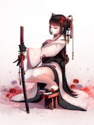  artist_name bare_shoulders black_gloves black_lips black_nails blunt_bangs braid breasts brown_hair closed_mouth commentary commission english_commentary female flower from_side full_body geisha geta gloves hair_flower hair_ornament hair_stick highres hime_cut holding holding_sword holding_weapon japanese_clothes kimono koshirae large_breasts lips lipstick long_hair long_sleeves makeup marmaladica nail_polish obi off_shoulder original planted planted_sword red_flower sageo sash saya_(scabbard) scabbard sheath sheathed sidelocks solo spider_lily squatting sword toenail_polish toenails tsuka-ito very_long_hair weapon white_kimono wide_sleeves 