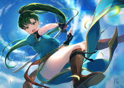  black_gloves blue_sky boots breasts cloud cloudy_sky commentary_request day dress earrings female fingerless_gloves fire_emblem fire_emblem:_the_blazing_blade gloves green_eyes green_hair hair_ornament holding holding_sword holding_weapon jewelry knee_boots long_hair lyn_(fire_emblem) medium_breasts open_mouth outdoors pelvic_curtain ponytail short_sleeves signature simple_background sky solo sword tarayuki thighs weapon 