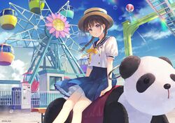  aircraft amusement_park black_hair blue_eyes blue_sailor_collar blue_skirt blue_sky blush bow braid brown_hat bubble cloud day female ferris_wheel fukahire_(ruinon) hat hot_air_balloon kiddie_ride long_hair looking_at_viewer original outdoors panda parted_lips pleated_skirt puffy_short_sleeves puffy_sleeves sailor_collar school_uniform serafuku shirt short_sleeves short_twintails sitting skirt sky solo twin_braids twintails white_shirt yellow_bow 