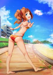  :d absurdres ass barefoot beach bikini blue_eyes blue_sky brown_hair butt_crack cloud day female full_body hair_intakes hair_ornament hair_scrunchie halterneck highres idolmaster idolmaster_(classic) long_hair oops open_mouth orange_bikini outdoors outstretched_arms red_scrunchie scrunchie shore shoulder_blades sky smile solo swimsuit takatsuki_yayoi twintails 