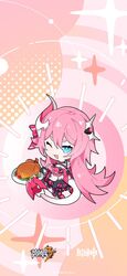  blue_eyes chibi copyright_name female food full_body genshin_impact hair_ornament highres honkai_(series) honkai_impact_3rd logo long_hair looking_at_viewer mihoyo official_art official_wallpaper one_eye_closed pink_hair rozaliya_olenyeva second-party_source smile solo sweet_madame_(genshin_impact) tail 