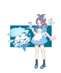  :o alternate_costume apron black_socks blue_dress blue_eyes blue_footwear bow brown_hair dessert dress eyelashes female food full_body hairbow highres hilda_(pokemon) hogeol_pk holding holding_tray long_hair open_mouth parted_bangs pokemon pokemon_(creature) pokemon_bw shoes short_sleeves sidelocks socks standing tray vanillite vanilluxe white_apron wrist_cuffs 