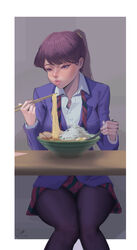  absurdres blazer blowing blowing_on_food blue_jacket bow bowtie chopsticks collared_shirt diagonal-striped_clothes diagonal-striped_skirt female food highres holding holding_chopsticks holding_spoon invisible_chair itan_private_high_school_uniform jacket komi-san_wa_komyushou_desu komi_shouko long_hair mazzenka noodles pantyhose pleated_skirt ponytail purple_eyes purple_hair ramen school_uniform shirt sitting skirt solo spoon striped_bow striped_bowtie striped_clothes striped_skirt unbuttoned white_shirt 