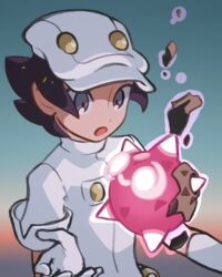  1boy aether_foundation_employee commentary_request gloves grey_eyes hand_up hat jacket komurapk male_focus minior minior_(core) minior_(red_core) open_mouth pokemon pokemon_(creature) pokemon_sm short_hair short_sleeves upper_body white_gloves white_headwear white_jacket 