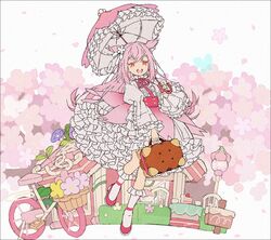  :d basket bicycle briefcase cake cherry_blossom_cookie cherry_blossoms cookie cookie_run dress female flat_color flower flower_umbrella food food-themed_bag frilled_sleeves frills hair_flower hair_ornament hakusai_(tiahszld) holding holding_umbrella house humanization juliet_sleeves lolita_fashion long_sleeves mailbox_(incoming_mail) neck_ribbon parasol petticoat pink_dress pink_flower pink_footwear pink_hair pink_ribbon puffy_sleeves ribbon smile socks solo tree two_side_up umbrella white_flower white_petticoat white_socks wide_sleeves 